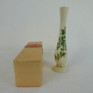 Lenox Holiday Christmas Holly Berry Bud Vase 7" 24K Trim Gold